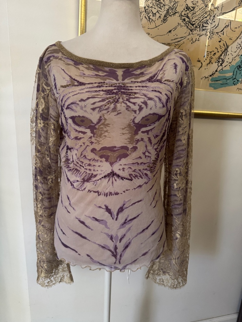 Angelo Marani long-sleeve mesh top Bengal tiger rhinestone accents lace sleeves